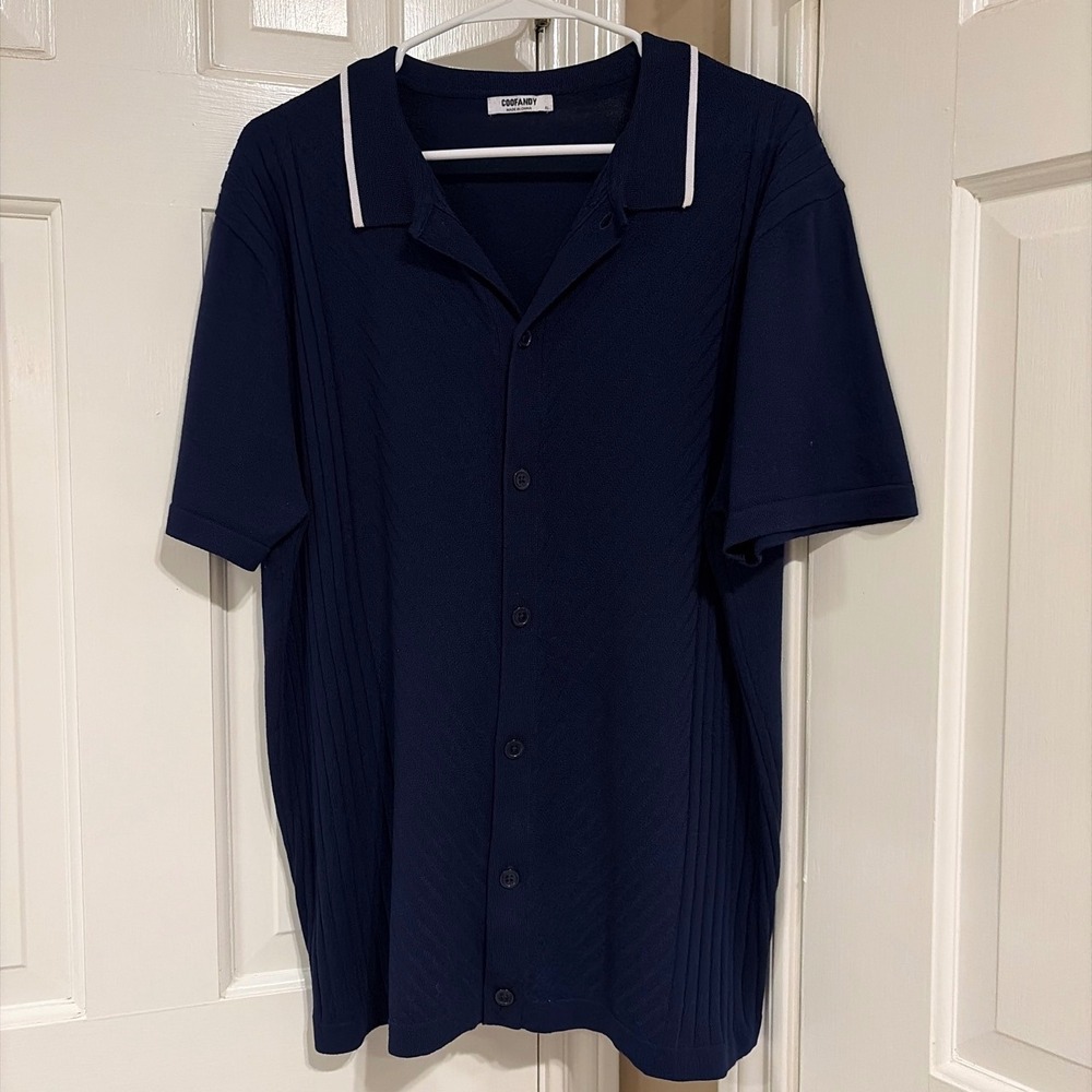 Coofandy Mens XL Navy Blue Knit Button Down Shirt Short Sleeve Ribbed Viscose